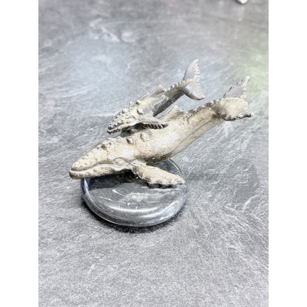 Small Metal Humpback Whale & Calf Sculpture On Marble Base 4.5”